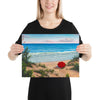 Crimson Umbrella beach scene painting 12x16 by Kim Hight